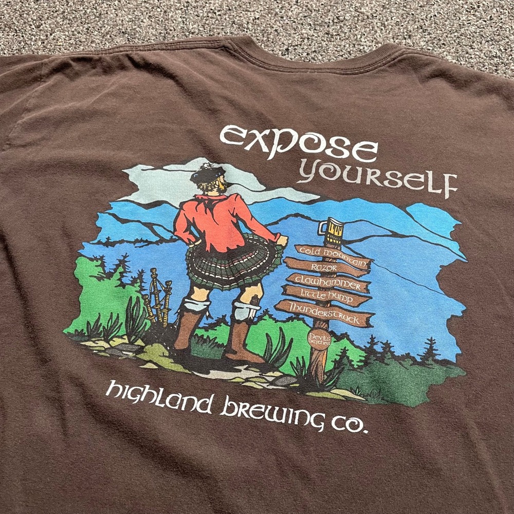 Highland Brewing Expose Yourself T-Shirt Mens XL Brown Asheville NC Beer Graphic